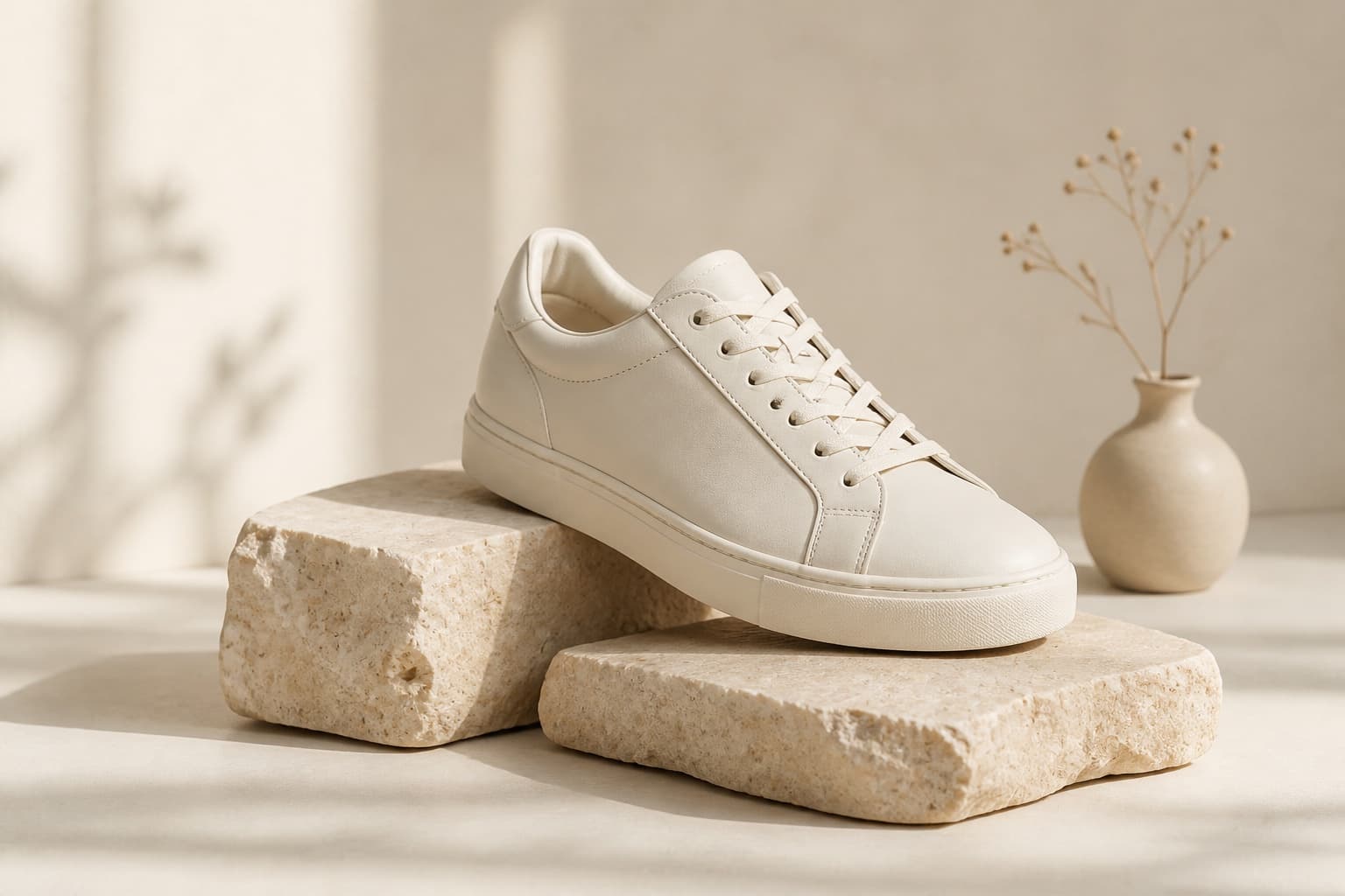Sepatu kets Sora Low warna gading di atas balok batu kapur hangat